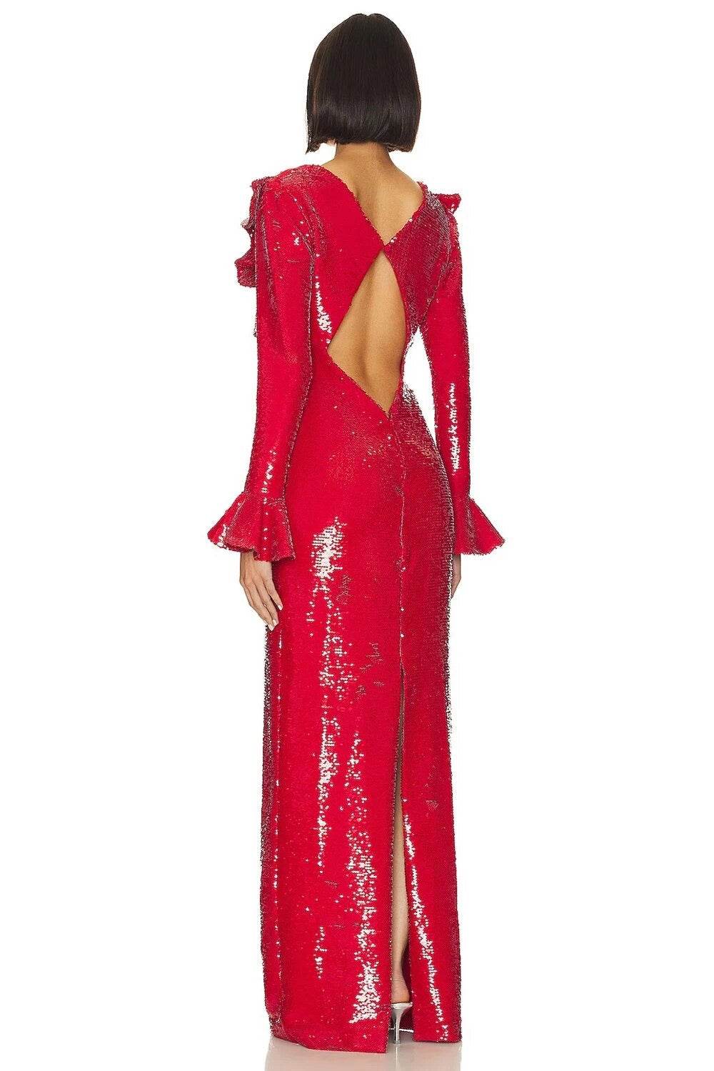 V-neck Long sleeved Ruffle Edge Sequin Open Back Long Dress - REBECATHELABEL