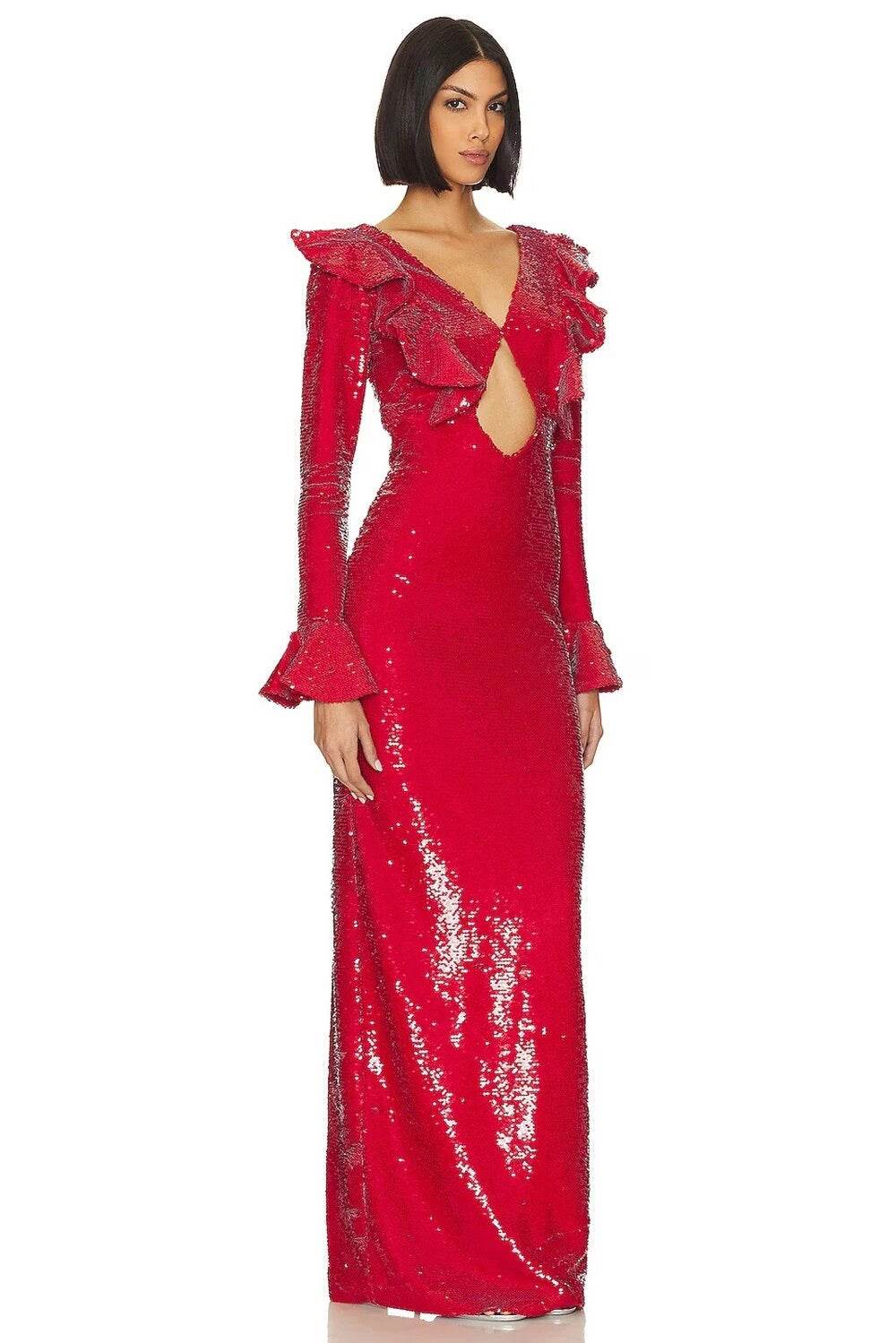 V-neck Long sleeved Ruffle Edge Sequin Open Back Long Dress - REBECATHELABEL