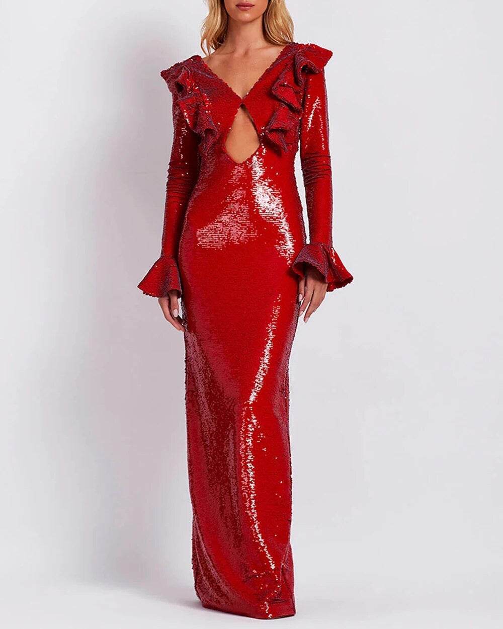 V-neck Long sleeved Ruffle Edge Sequin Open Back Long Dress - REBECATHELABEL