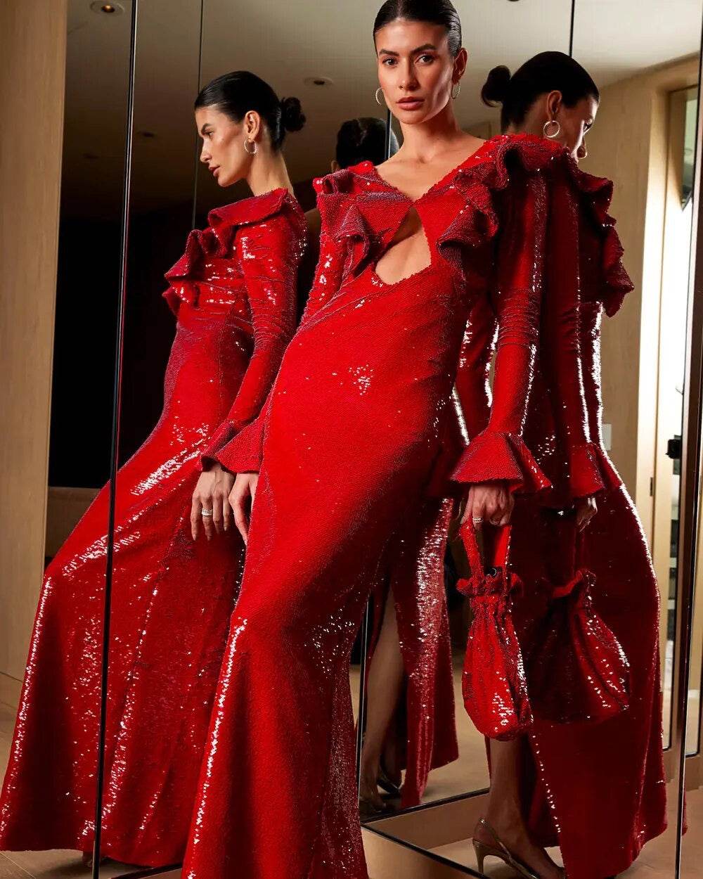 V-neck Long sleeved Ruffle Edge Sequin Open Back Long Dress - REBECATHELABEL