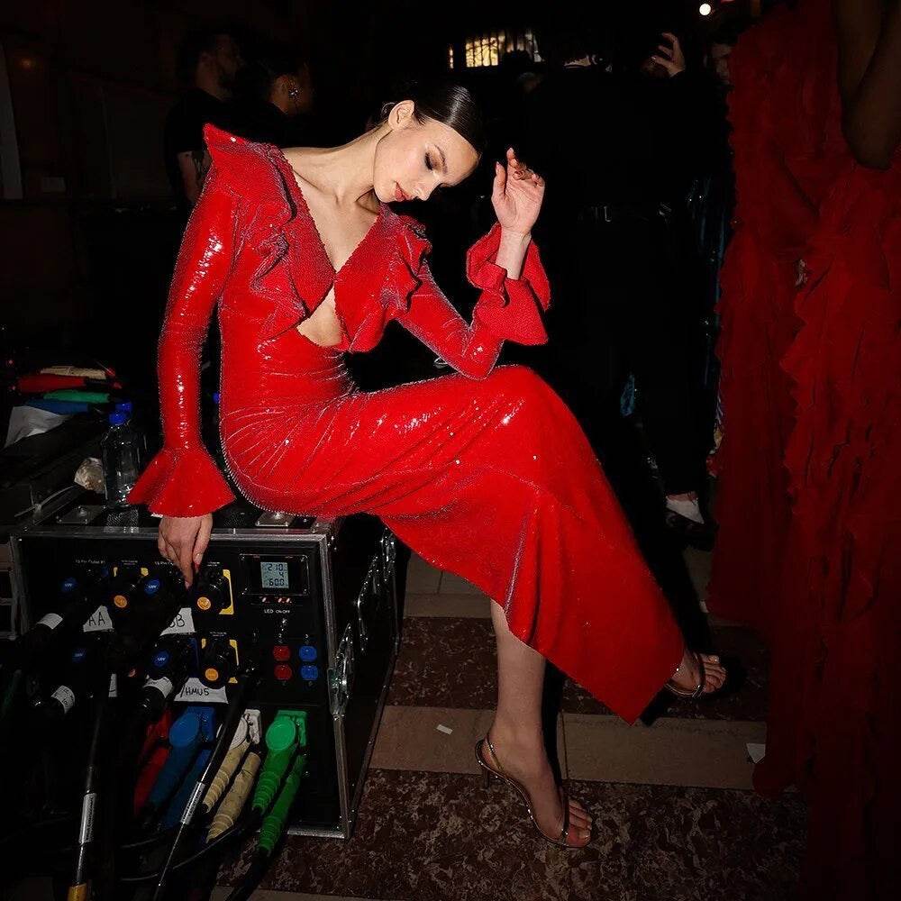 V-neck Long sleeved Ruffle Edge Sequin Open Back Long Dress - REBECATHELABEL