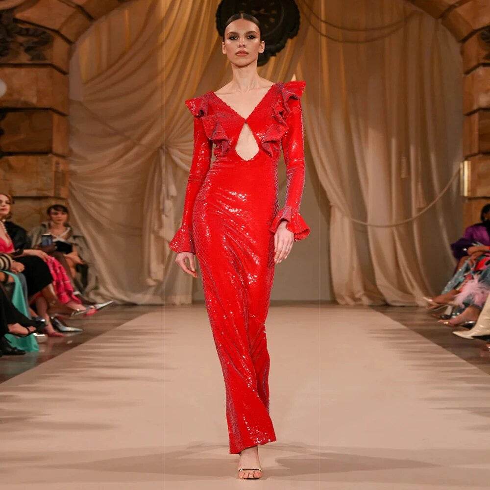 V-neck Long sleeved Ruffle Edge Sequin Open Back Long Dress - REBECATHELABEL