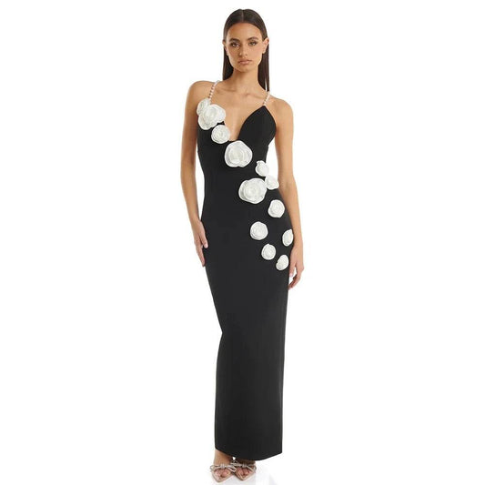 V-neck Off Shoulder Sleeveless 3D Flower Midi Long Bandage Dress - REBECATHELABEL