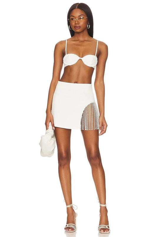 V-neck Open Back Pearl Tassel set - REBECATHELABEL