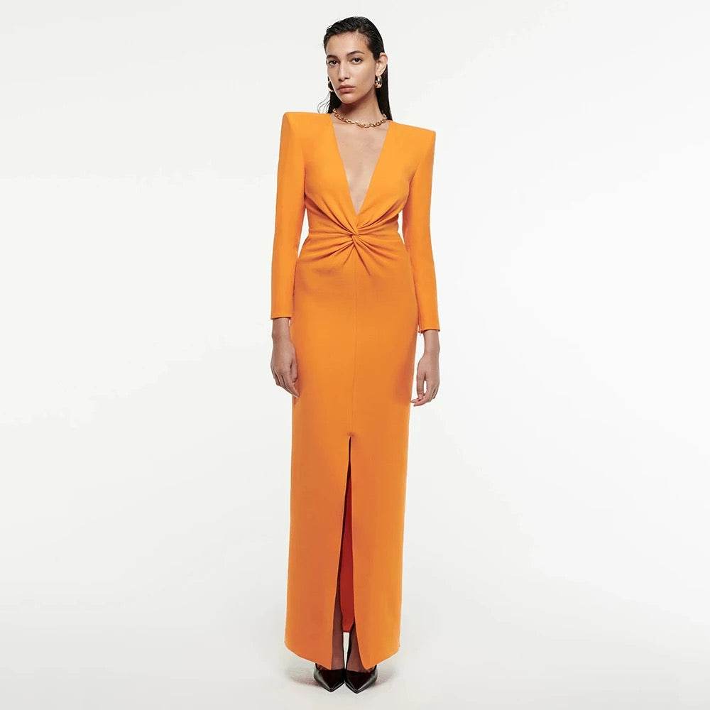 V-neck Pleated Long Sleeve Extra Long Bandage Dress - REBECATHELABEL