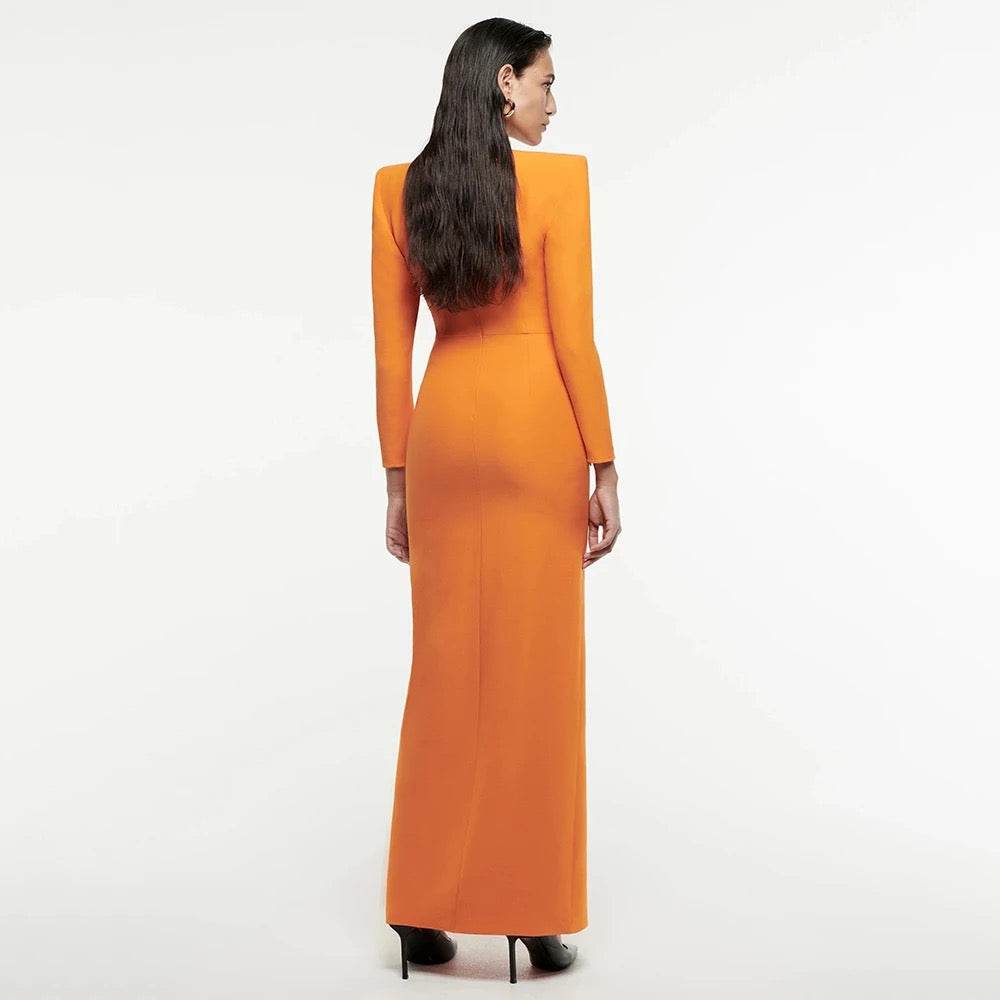 V-neck Pleated Long Sleeve Extra Long Bandage Dress - REBECATHELABEL