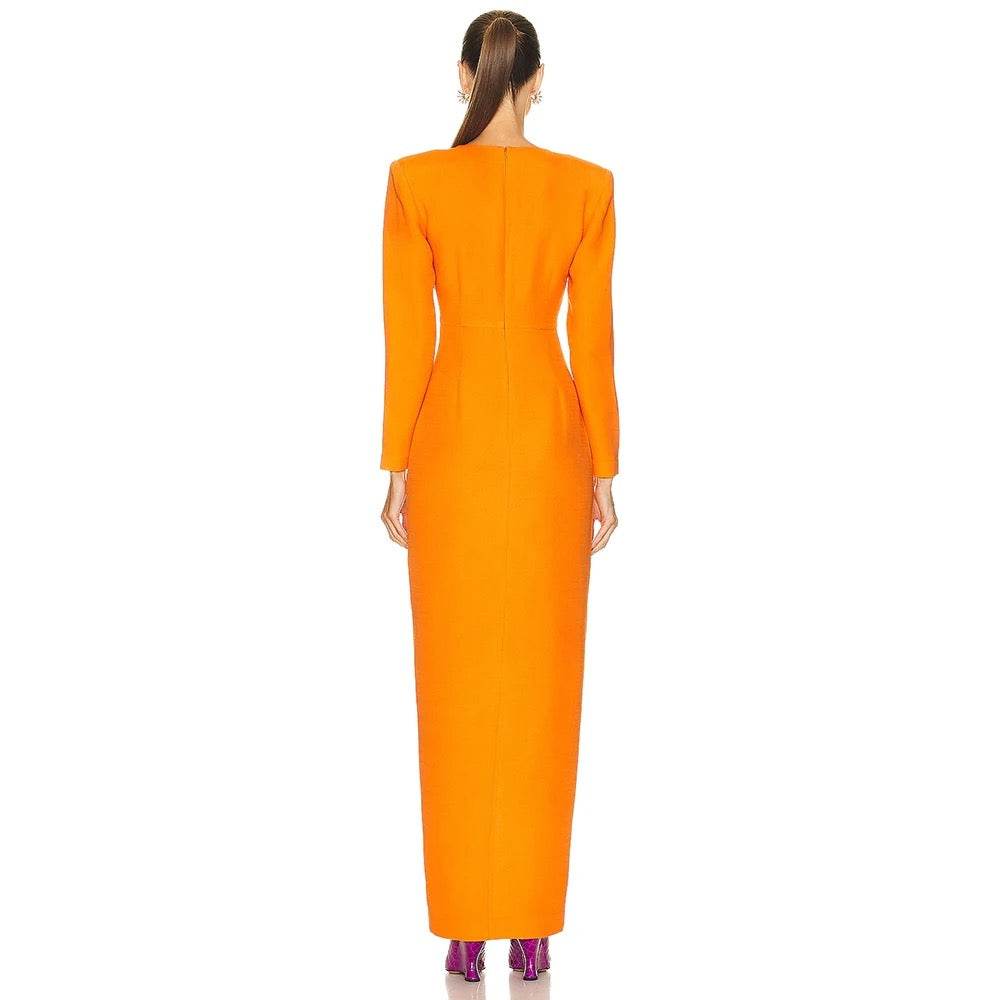 V-neck Pleated Long Sleeve Extra Long Bandage Dress - REBECATHELABEL