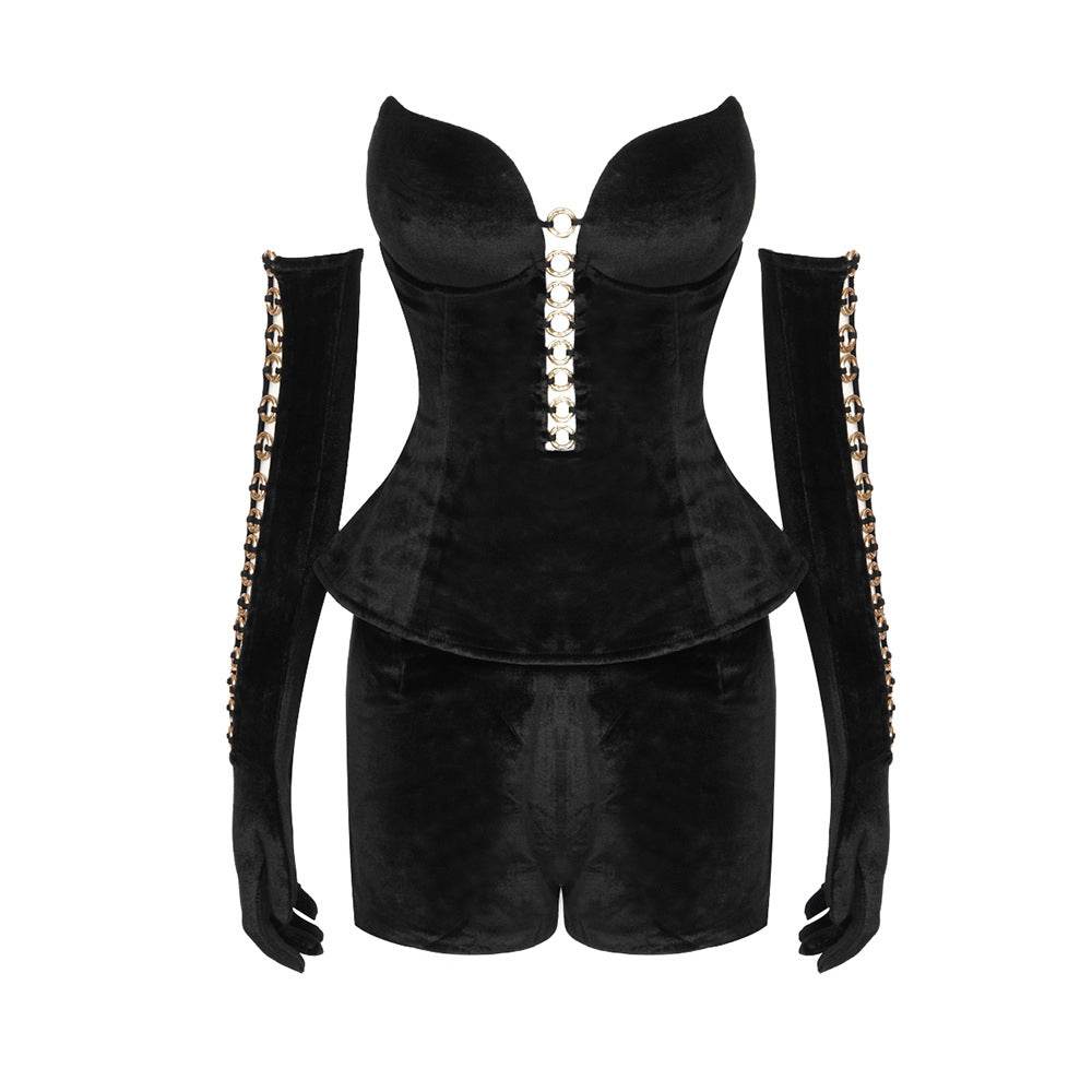 V-neck Short Set 2-piece Gloved Velvet set - REBECATHELABEL