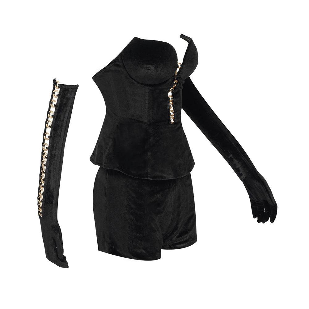 V-neck Short Set 2-piece Gloved Velvet set - REBECATHELABEL