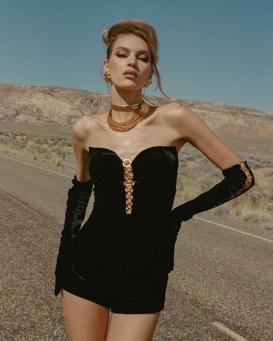 V-neck Short Set 2-piece Gloved Velvet set - REBECATHELABEL