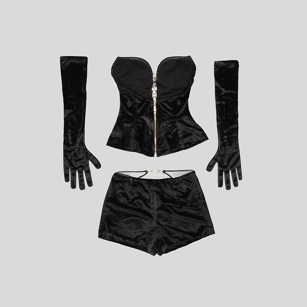 V-neck Short Set 2-piece Gloved Velvet set - REBECATHELABEL