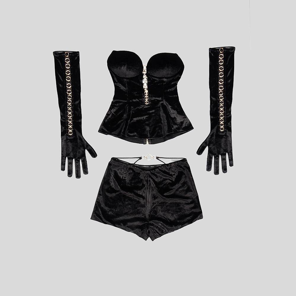V-neck Short Set 2-piece Gloved Velvet set - REBECATHELABEL