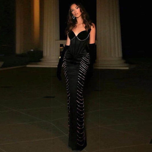 V-neck Sleeveless Diamond Chain Tight Long Bandage Dress - REBECATHELABEL