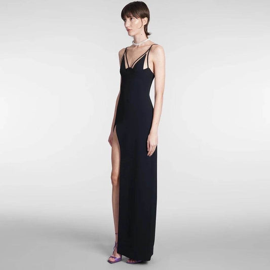 V-neck Sleeveless High Split Long Bandage Dress - REBECATHELABEL