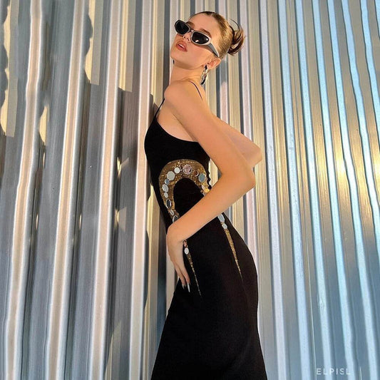 V-neck Sleeveless Sequin Hollow Fit Midi Bandage Dress - REBECATHELABEL