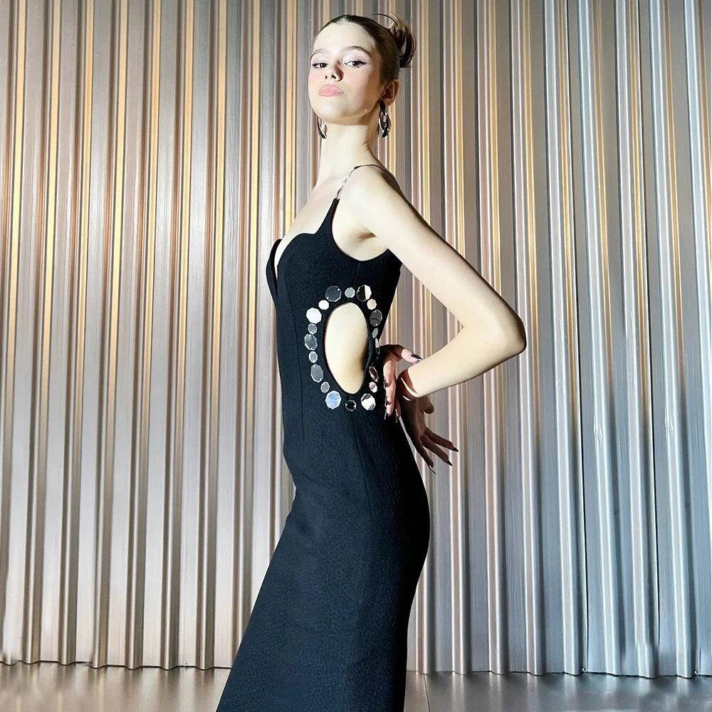 V-neck Sleeveless Side Hollow Sequin Midi Bandage Dress - REBECATHELABEL