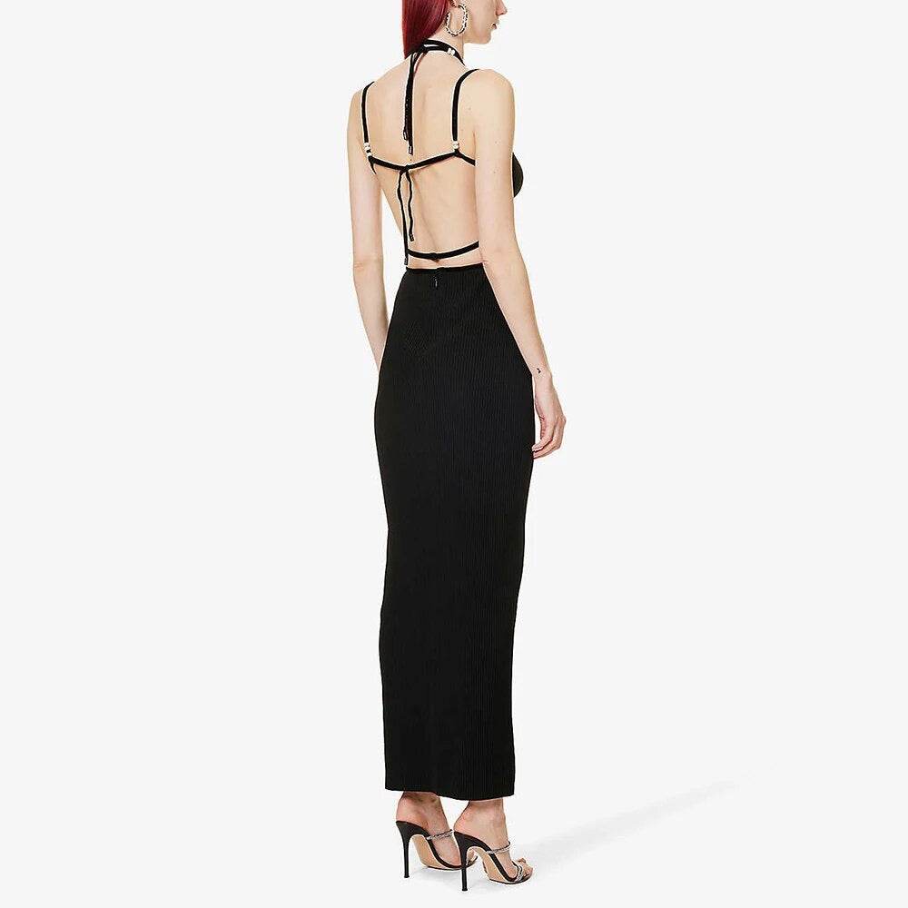 V-neck Sleeveless Strap Tight Long Bandage Dress - REBECATHELABEL