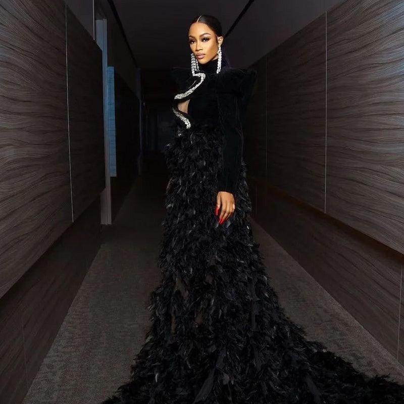 Velvet Black Feather Diamonds Maxi Long Dress - REBECATHELABEL