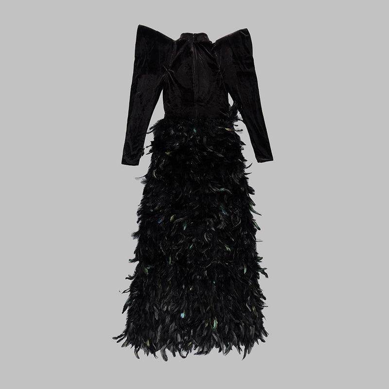 Velvet Black Feather Diamonds Maxi Long Dress - REBECATHELABEL
