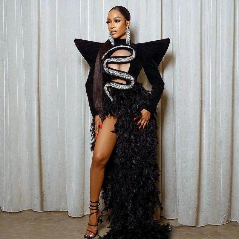 Velvet Black Feather Diamonds Maxi Long Dress - REBECATHELABEL