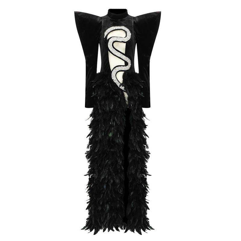 Velvet Black Feather Diamonds Maxi Long Dress - REBECATHELABEL
