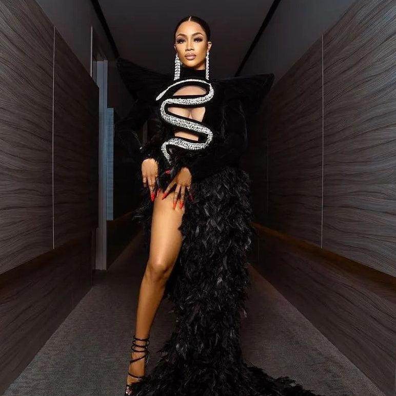 Velvet Black Feather Diamonds Maxi Long Dress - REBECATHELABEL