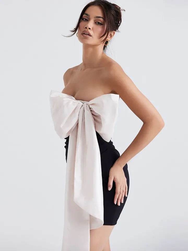 White Black Bowknot Sexy Strapless dress - REBECATHELABEL
