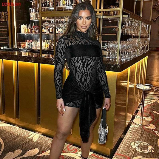 Zebra Stripes Mesh Stitching Long Sleeves Dress - REBECATHELABEL