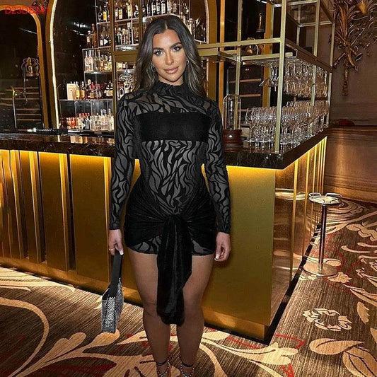 Zebra Stripes Mesh Stitching Long Sleeves Dress - REBECATHELABEL