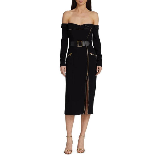 Zipper Belt Off Shoulder Midi Slim Fit Cocktail Dress - REBECATHELABEL