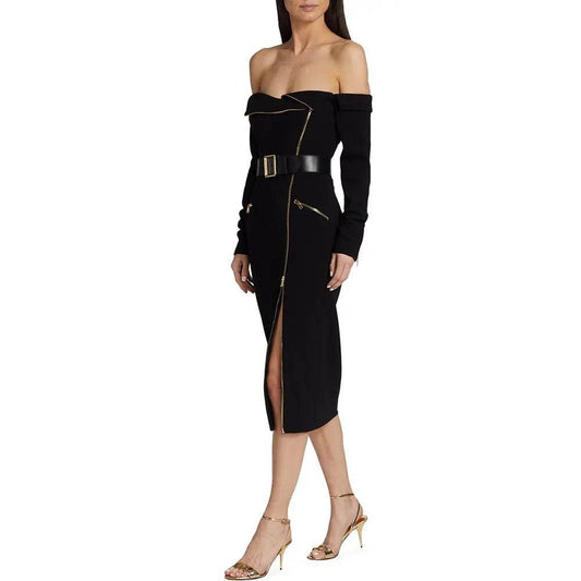 Zipper Belt Off Shoulder Midi Slim Fit Cocktail Dress - REBECATHELABEL