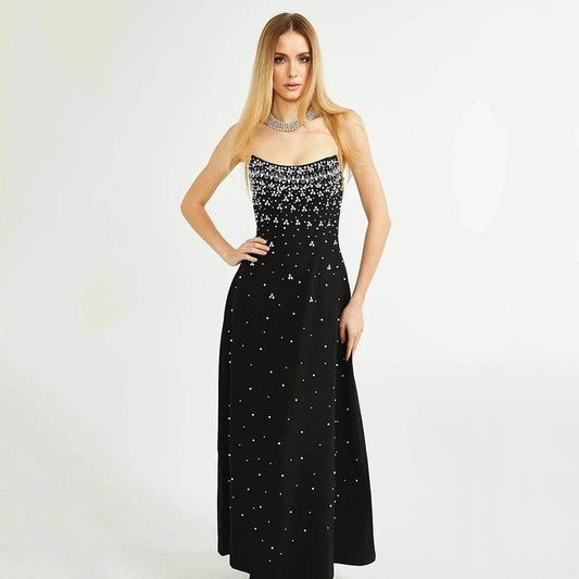 A-line Sexy Strapless Crystal Diamond Pearl Bra Midi Dress - REBECATHELABEL