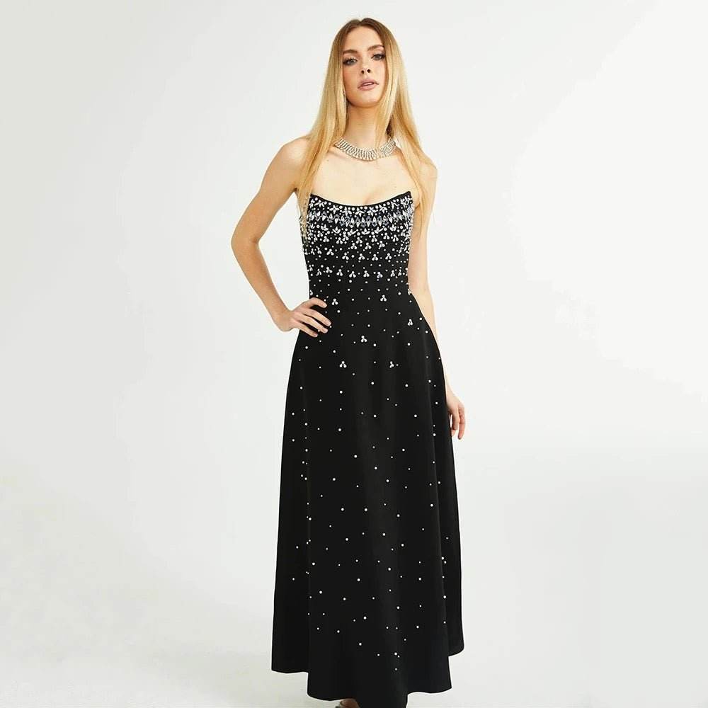A-line Sexy Strapless Crystal Diamond Pearl Bra Midi Dress - REBECATHELABEL