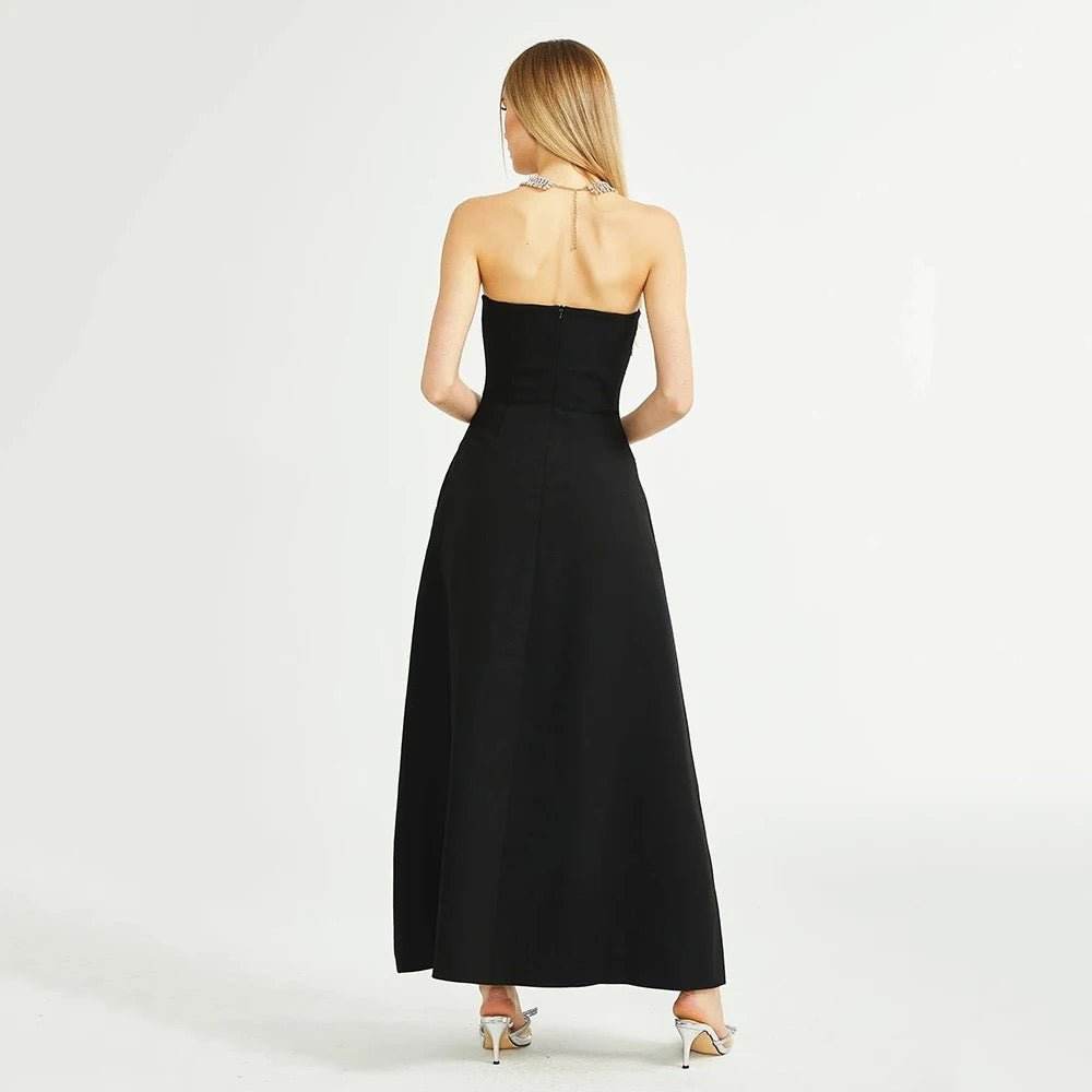 A-line Sexy Strapless Crystal Diamond Pearl Bra Midi Dress - REBECATHELABEL