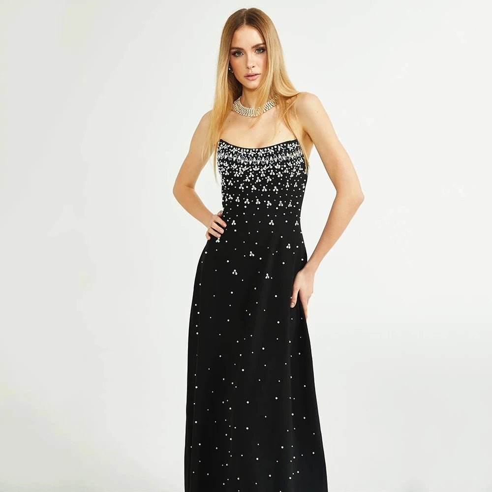 A-line Sexy Strapless Crystal Diamond Pearl Bra Midi Dress - REBECATHELABEL