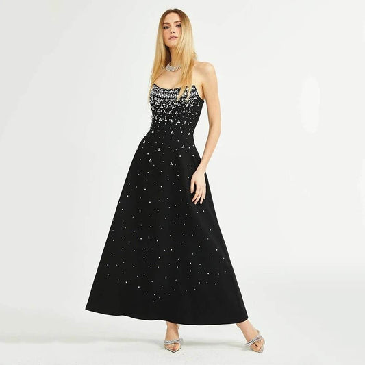 A-line Sexy Strapless Crystal Diamond Pearl Bra Midi Dress - REBECATHELABEL