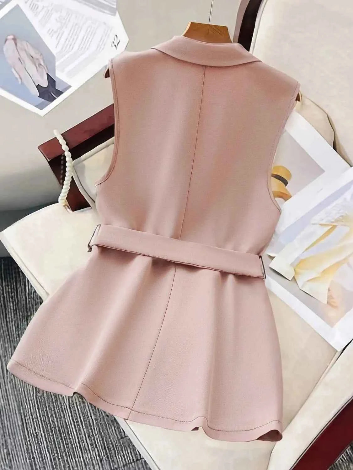 Tie Waist Lapel Collar Sleeveless Blazer