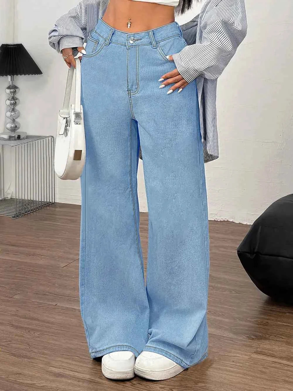 Embroidered Bow Back Wide Leg Jeans