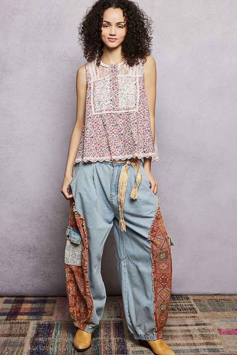 POL Printed Woven Lace Back Round Neck Sleeveless Top