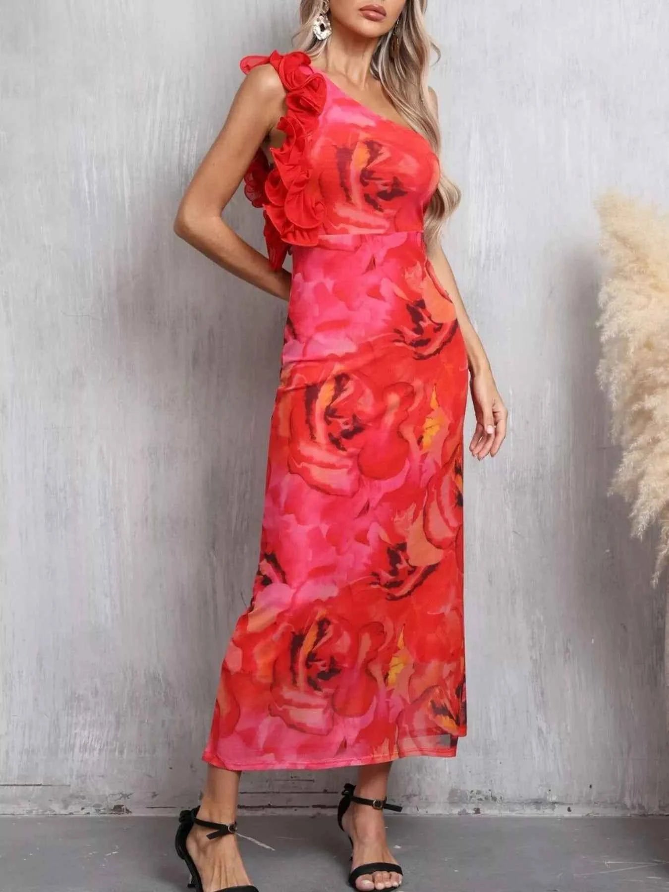 Floral Print One Shoulder Ruffle Trim Dress