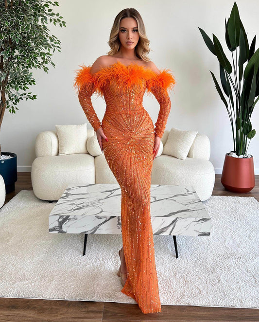 Anisha feather orange dress - REBECATHELABEL