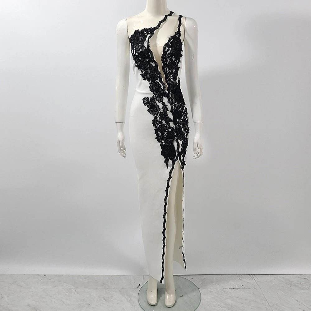 Asymmetric Heat Sheath Off Shoulder Lace Flower dress - REBECATHELABEL