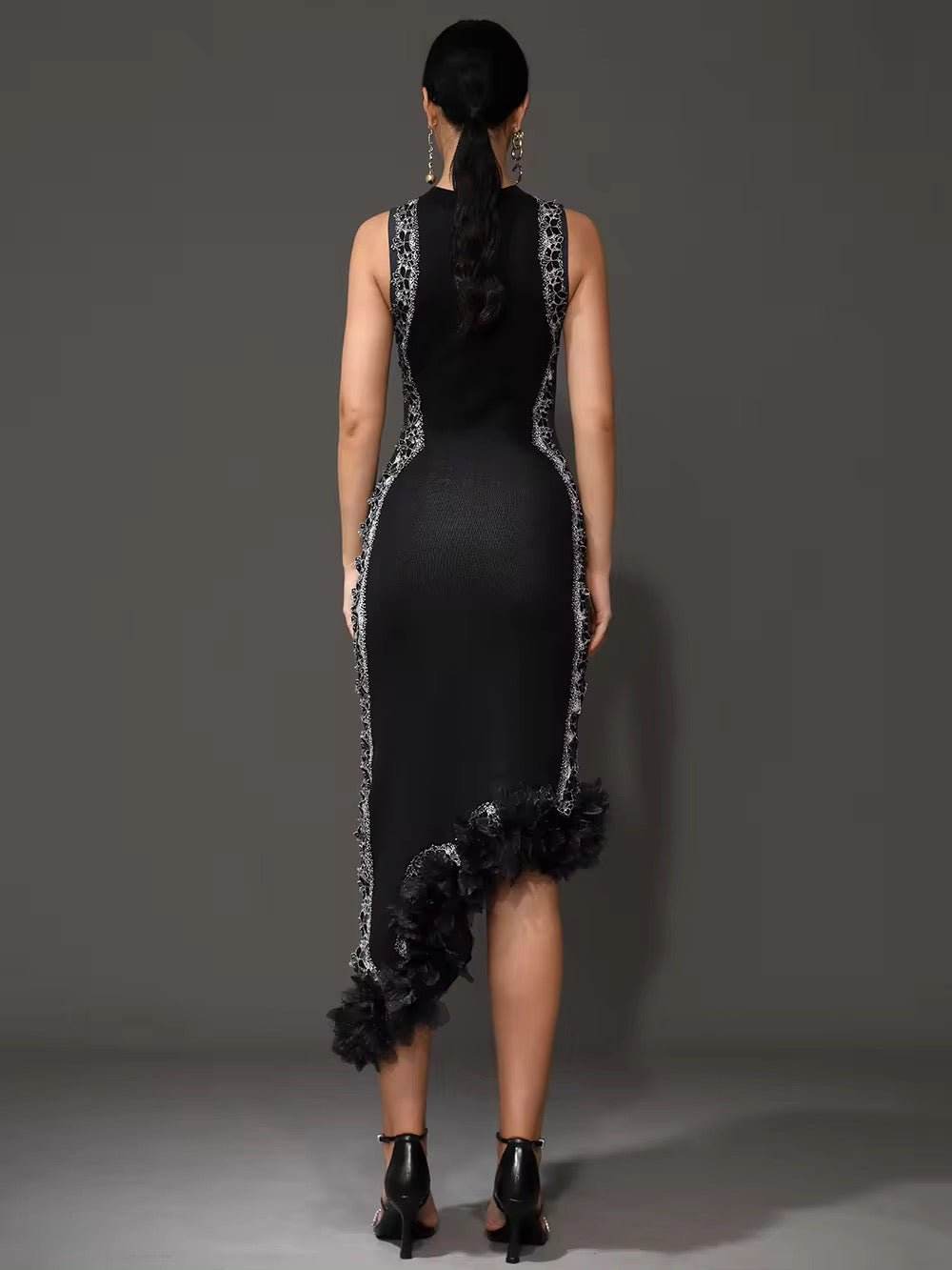 Asymmetrical Appliques Knit Slim Maxi Dress - REBECATHELABEL