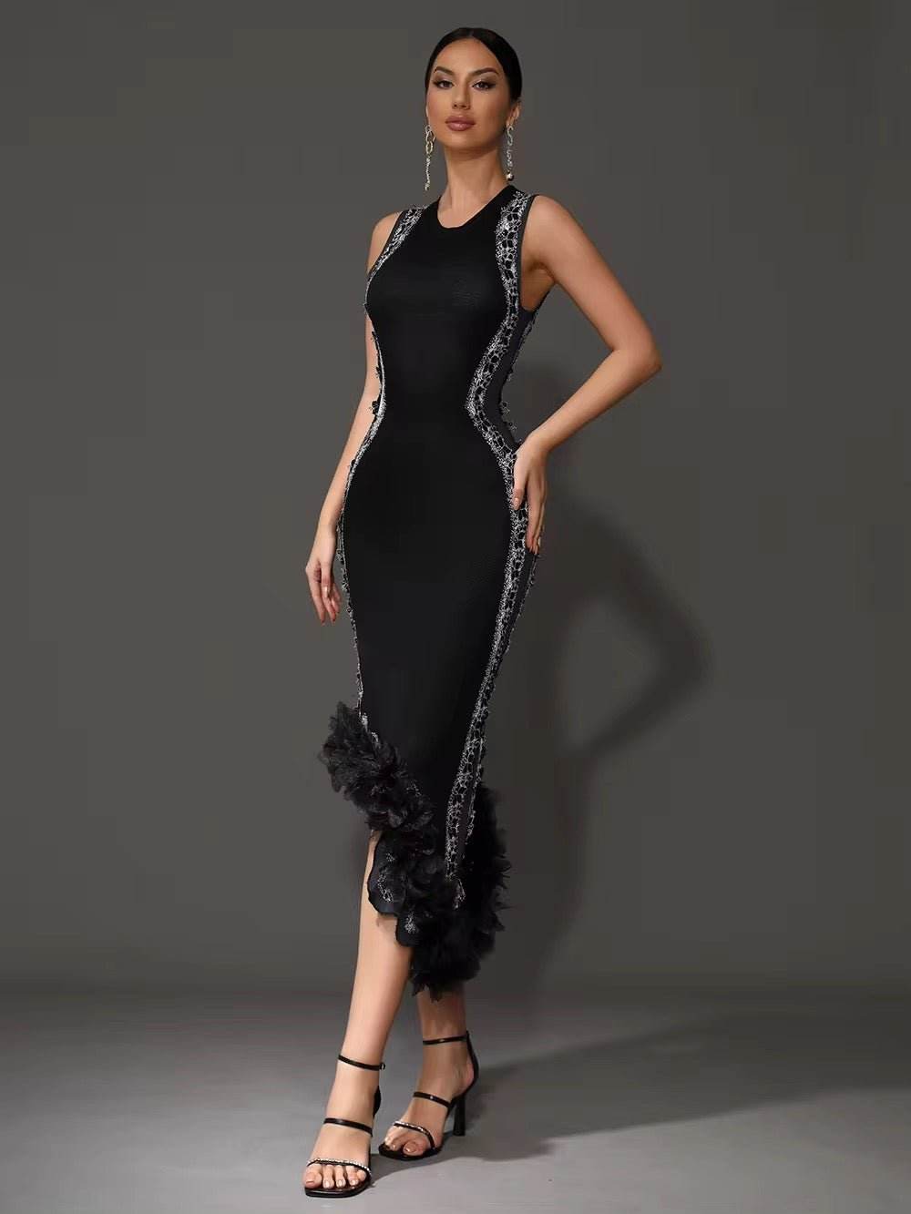 Asymmetrical Appliques Knit Slim Maxi Dress - REBECATHELABEL