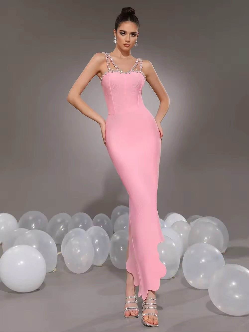 Asymmetrical Wavy Hem Diamond Spaghetti Strap Backless dress - REBECATHELABEL