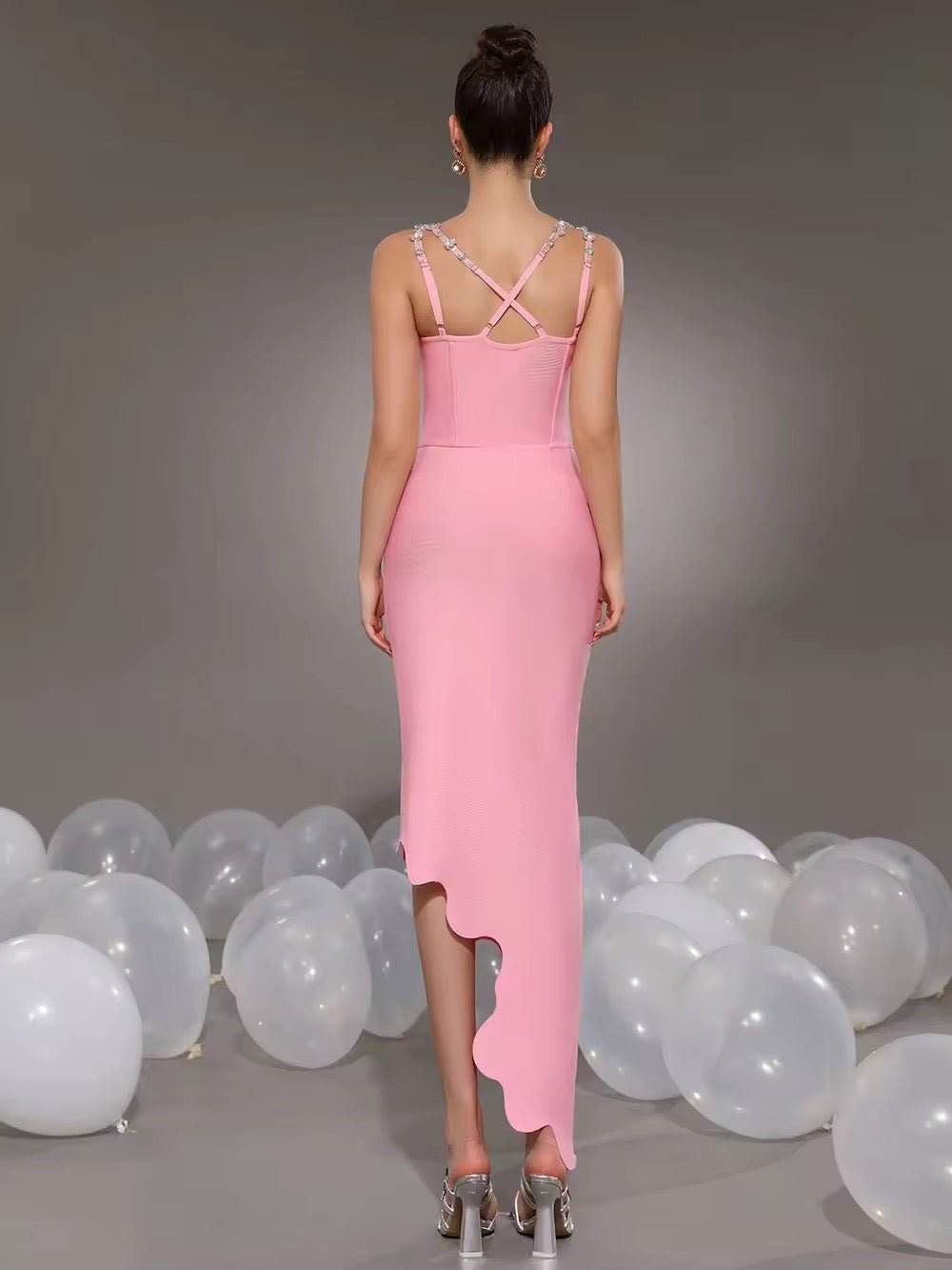 Asymmetrical Wavy Hem Diamond Spaghetti Strap Backless dress - REBECATHELABEL