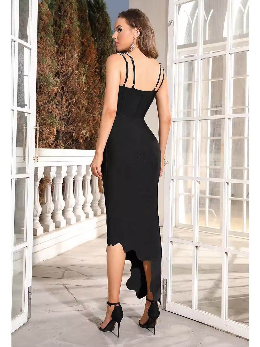 Asymmetrical Wavy Hem Diamond Spaghetti Strap Backless dress - REBECATHELABEL