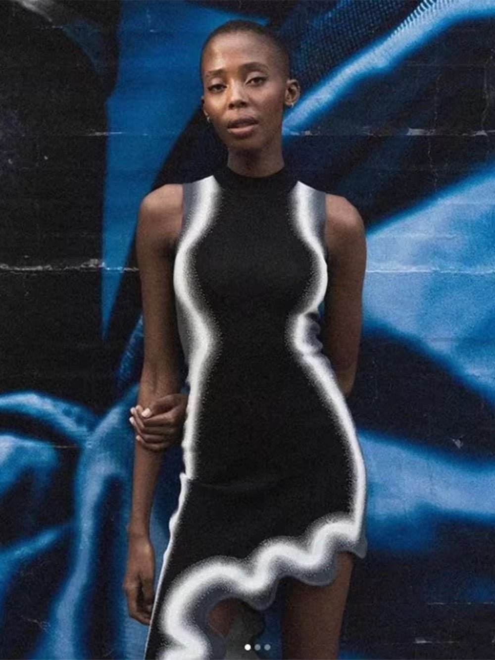 Asymmetrical Wavy Hem Round Collar Devise Tie Dyeing Printing Pink Knit Sleeveless Dress - REBECATHELABEL