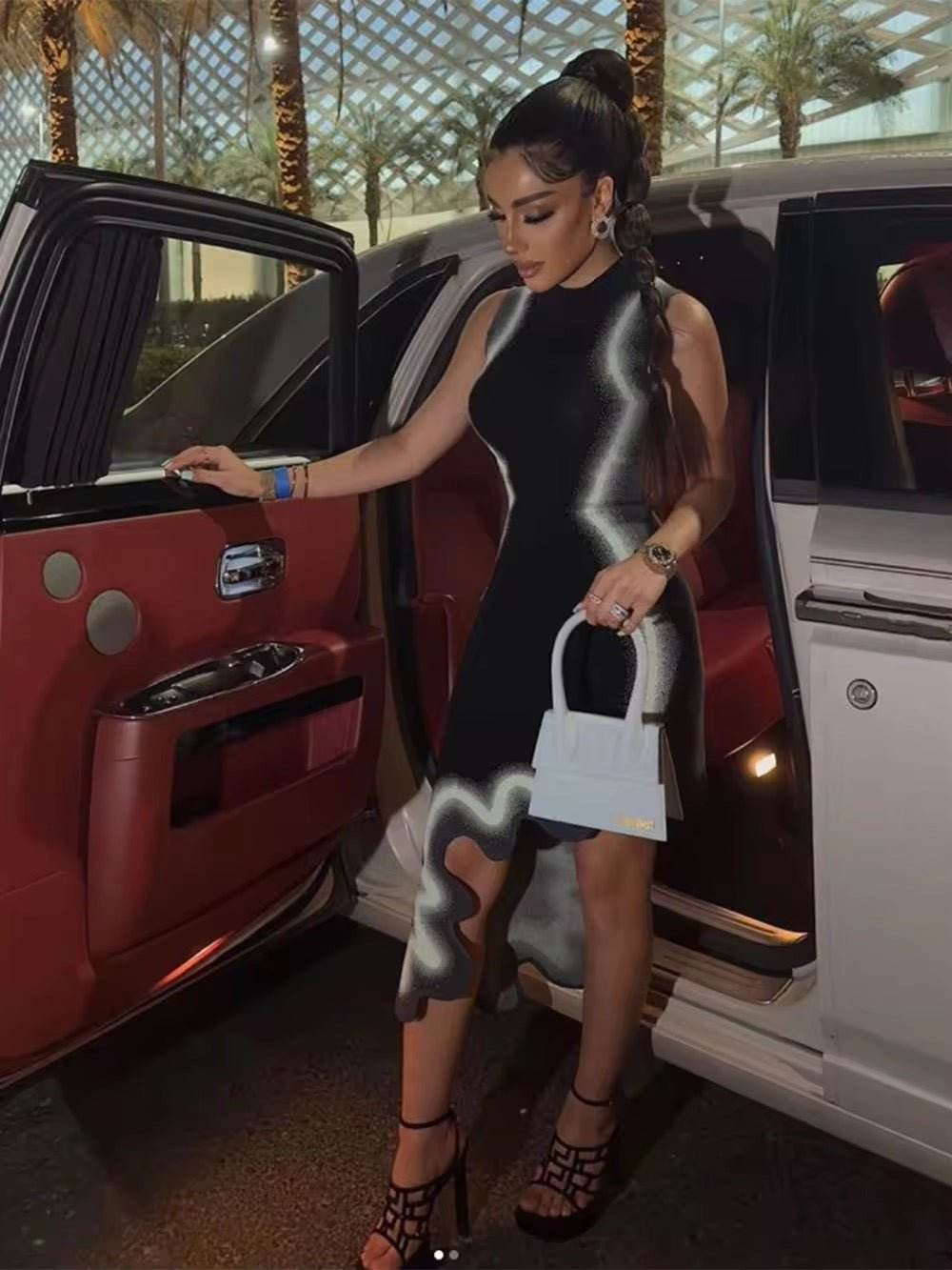 Asymmetrical Wavy Hem Round Collar Devise Tie Dyeing Printing Pink Knit Sleeveless Dress - REBECATHELABEL