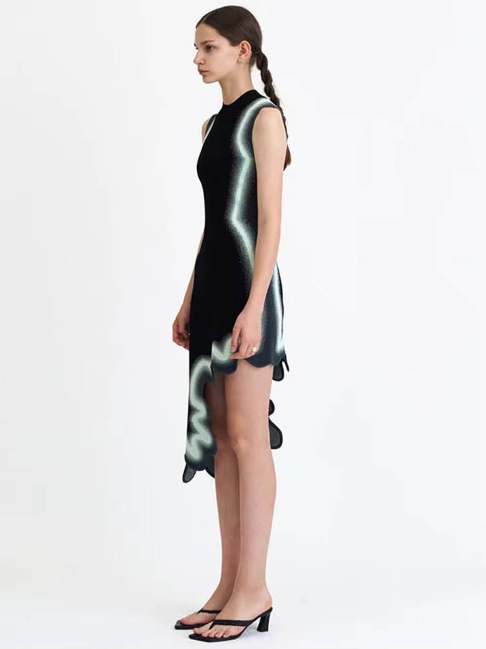 Asymmetrical Wavy Hem Round Collar Devise Tie Dyeing Printing Pink Knit Sleeveless Dress - REBECATHELABEL